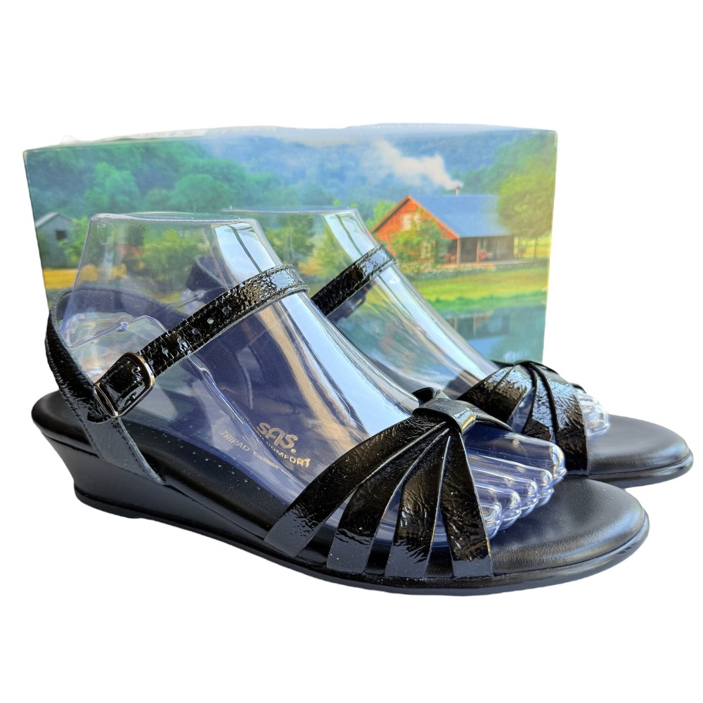 SAS Strippy Quarter Strap Wedge Sandal Black Patent Size 8.5 Narrow‎